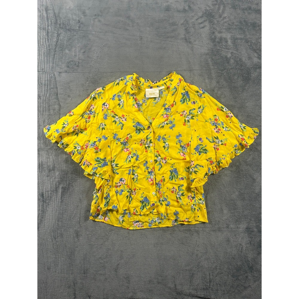 Maeve Anthropologie Yellow Floral Ruffle Flutter Sleeve V-Neck Blouse Small